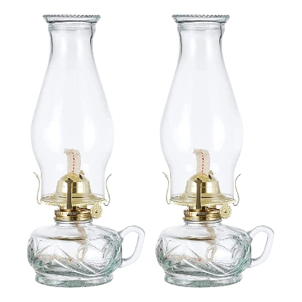 SYALEO Oil Lamp Lantern Retro Glass Kerosene Lamp 2 Pieces Chamber Oil Lamp Antique Clear Hurricane Lamp w/Adjustable Fire Wick Emergency Lighting for Indoor Outdoor Use Tabletop Decor