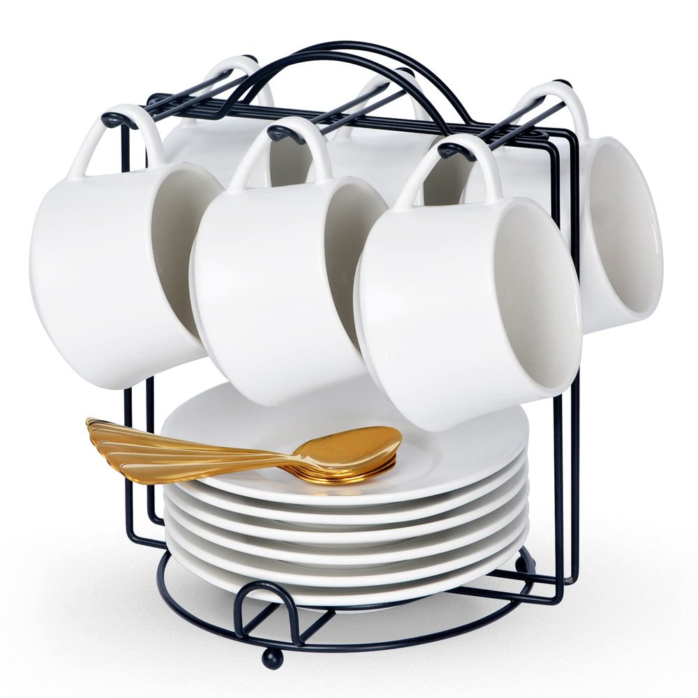 Lareina 7-Ounce Porcelain Cappuccino Cups Set of 6, Stackable Coffee Cups with Saucers, Spoons and Metal Stand-for Specialty Coffee Drinks, Cappuccino, Latte, Americano and Tea, White
