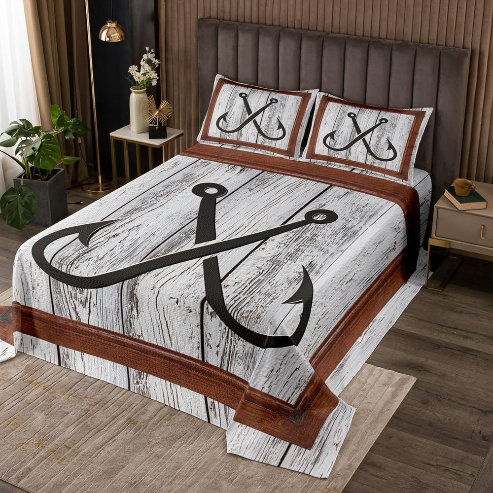 Manfei Fish Hook Fishing Kids Bedspread Twin Size,Rustic Farmhouse Cabin Wooden Door Coverlet Set,Girls Boys Adults Room Decor,Anchor Nautical Quilted Coverlet,Grey Retro Bedding Quilt,1 Pillowcase
