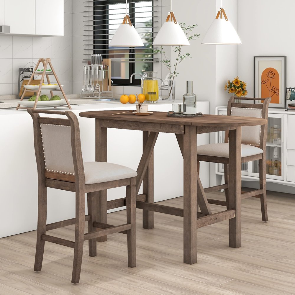 CKLMMC Farmhouse 3 Piece Counter Height Dining Table Set with Drop Leaf Round and 2 Upholstered Dining Chairs, Heavy Solid Wood Kitchen Dining Table Set for Small Place (Brown/Drop Leaf*A)