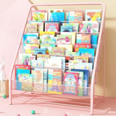ZJKXJH Kids Book Rack Storage Bookshelf, Floor Standing Newspapers Magazine Holder Display Storage Organizer Shelves, for Home, Libraries, Classrooms (Color : Pink, Size : LxWxH 65x46x100 cm)