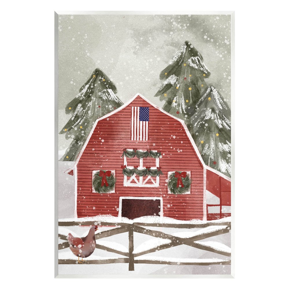 Stupell Industries Snowy Country Barn American Flag Wood Wall Art, Design by Laura Konyndyk