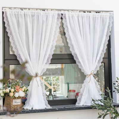 A.Monamour Short Curtain for Small Window 2 Panels Solid White Cotton Linen Transparent Sheer Voile Lace Window Treatment Valance Drapes Half Curtain for Kitchen Bedroom Cabinet Curtain Door Curtain
