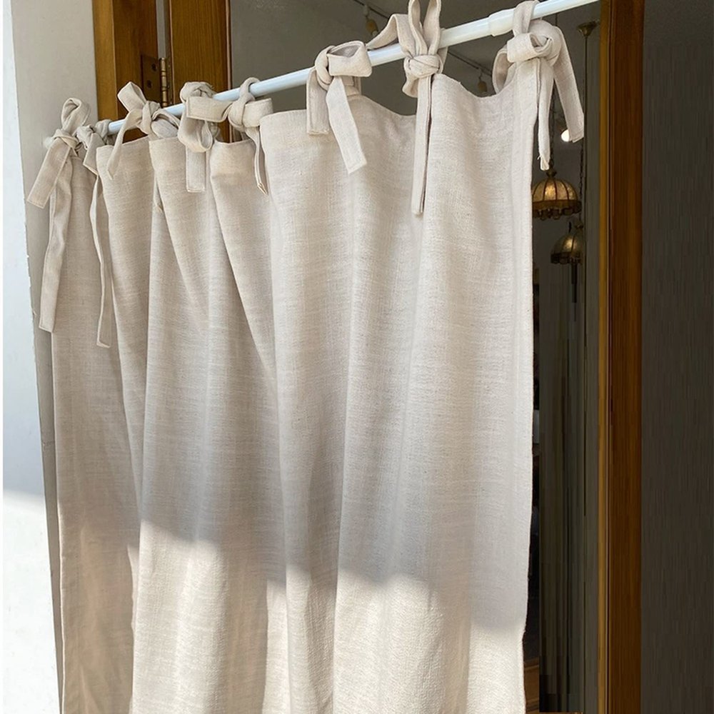 A.Monamour Short Curtain for Small Window Opaque Farmhouse Tie Top Linen Solid Beige Window Treatment Valance Window Panel Drapes Half Curtain for Kitchen Caf Bedroom Cabinet Curtain Door Curtain