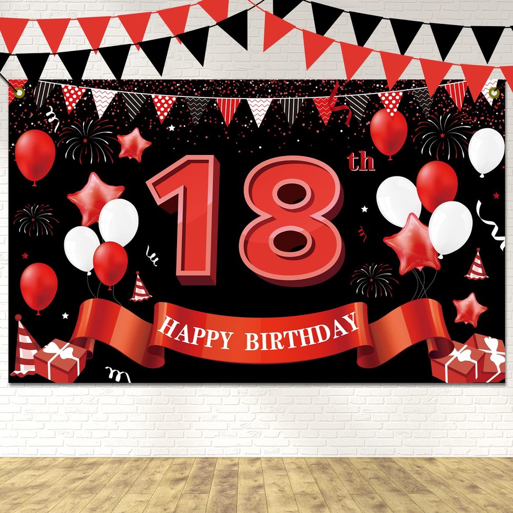 AOYOO Black Red 18th Birthday Backdrop Banner for Teens & Adults - 5.9x3.6 Ft Photography Background, Party Decorations for Boys and Girls, Birthday Supplies