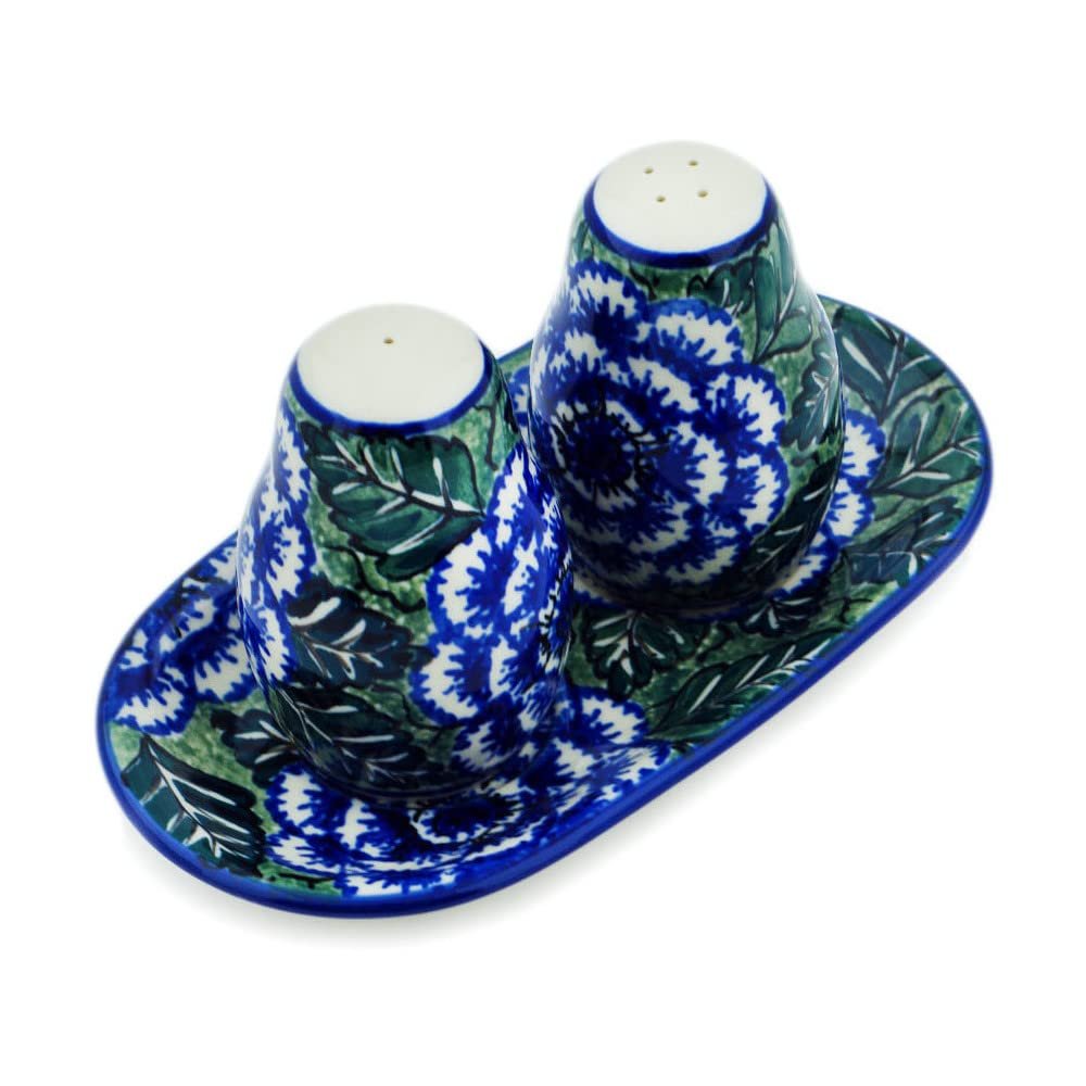 Polmedia Polish Pottery Salt and Pepper 3-Piece Set UNIKAT - Butterblue Pattern Handmade in Boleslawiec Poland by Ceramika Artystyczna + Certificate of Authenticity