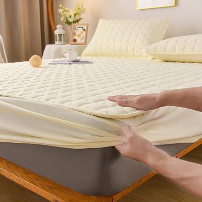 FCLDESHOP Easy Care Fitted Sheet,Thick Quilted Waterproof Bedding Sheets, Bedroom Homestay Guest Room Fitted Sheet Single Double King Size Bed,Beige,150 * 190cm+30cm