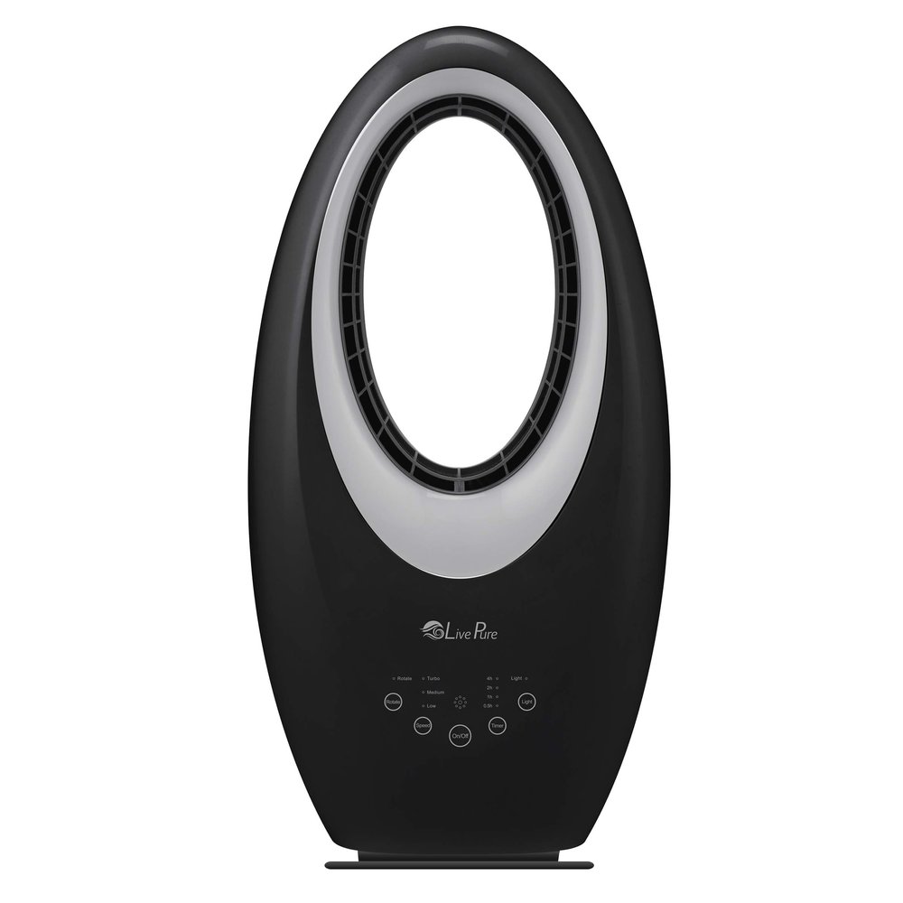 LivePure Bladeless Oscillating Fan w/Filter and Aroma Tray. 3-Speed Adjustment, Touch Control, Quiet Cooling, Stand Up Fan for Bedroom, Office, Kitchen, Black