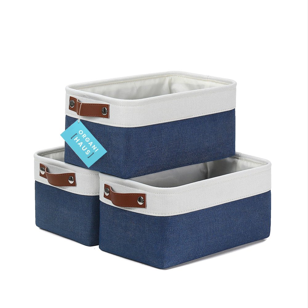 OrganiHaus Small Fabric Storage Baskets for Shelves 3 Pack, 12x08in Closet Storage Bins for Shelves, Canvas Baskets for Organizing, Linen Closet Organizers, Cloth Basket, Navy Blue/Off-White