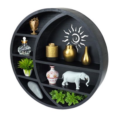 True 4U 17-Inch Black Moon Shelf  Elegant Wooden Wall Display with Intricate Star or Sun Cutouts, Perfect for Crystals, Rocks, Essential Oils, and Small Dcor
