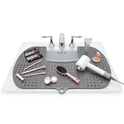 Sink Topper Bathroom Counter Cover & Storage Saver, Foldable Silicone Mat for Hot Tools, Hair Styling & Makeup, Beauty Brush Cleaning Mat, RV Camper Sink Cover & for Small Spaces (Large Silver)