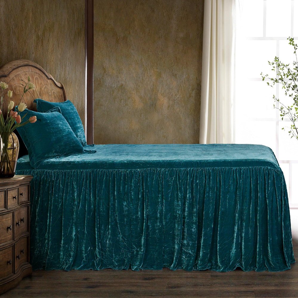HiEnd Accents Stella Faux Silk Velvet 3 Piece Bedspread Set with 2 Pillow Shams, Queen, Teal, Ruffle Skirt Romantic Western Modern Traditional Style Bedding, 1 Bed Spread and 2 Pillow Cases