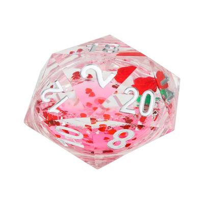 54mm d20 Valentine's Rose Snow Globe - Silver Glitter & Red and Iridescent Hearts w/Silver