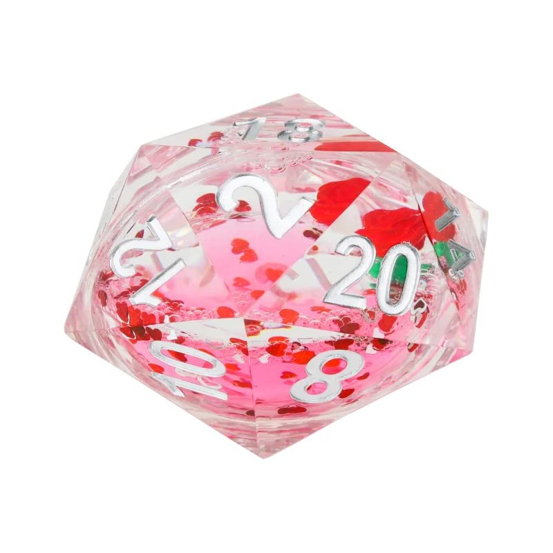 54mm d20 Valentine's Rose Snow Globe - Silver Glitter & Red and Iridescent Hearts w/Silver