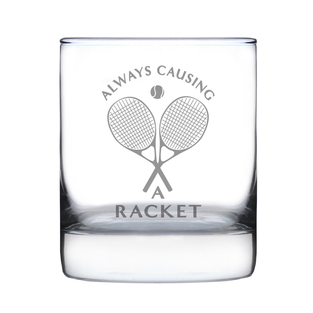 Bevvee Causing A Racket - Whiskey Rocks Glass - Funny Tennis Themed Decor and Gifts - 10.25 Oz Glasses