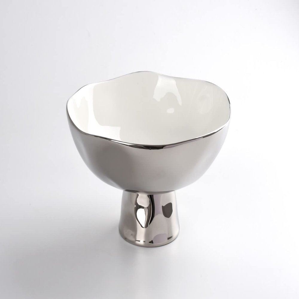 Pampa Bay Titanium-Plated Porcelain Footed Bowl, 10 Inch, Silver/White Tone, Oven, Freezer, Dishwasher Safe