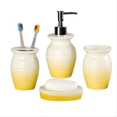NOBRIM Bathroom Accessory Yellow Glaze Gradient Ceramic Wash Set 4 Piece Bathroom Accessories Set, with Toothbrush Holder, Soap Dish, Tumbler, Soap Dispenser Bathroom Wash Set