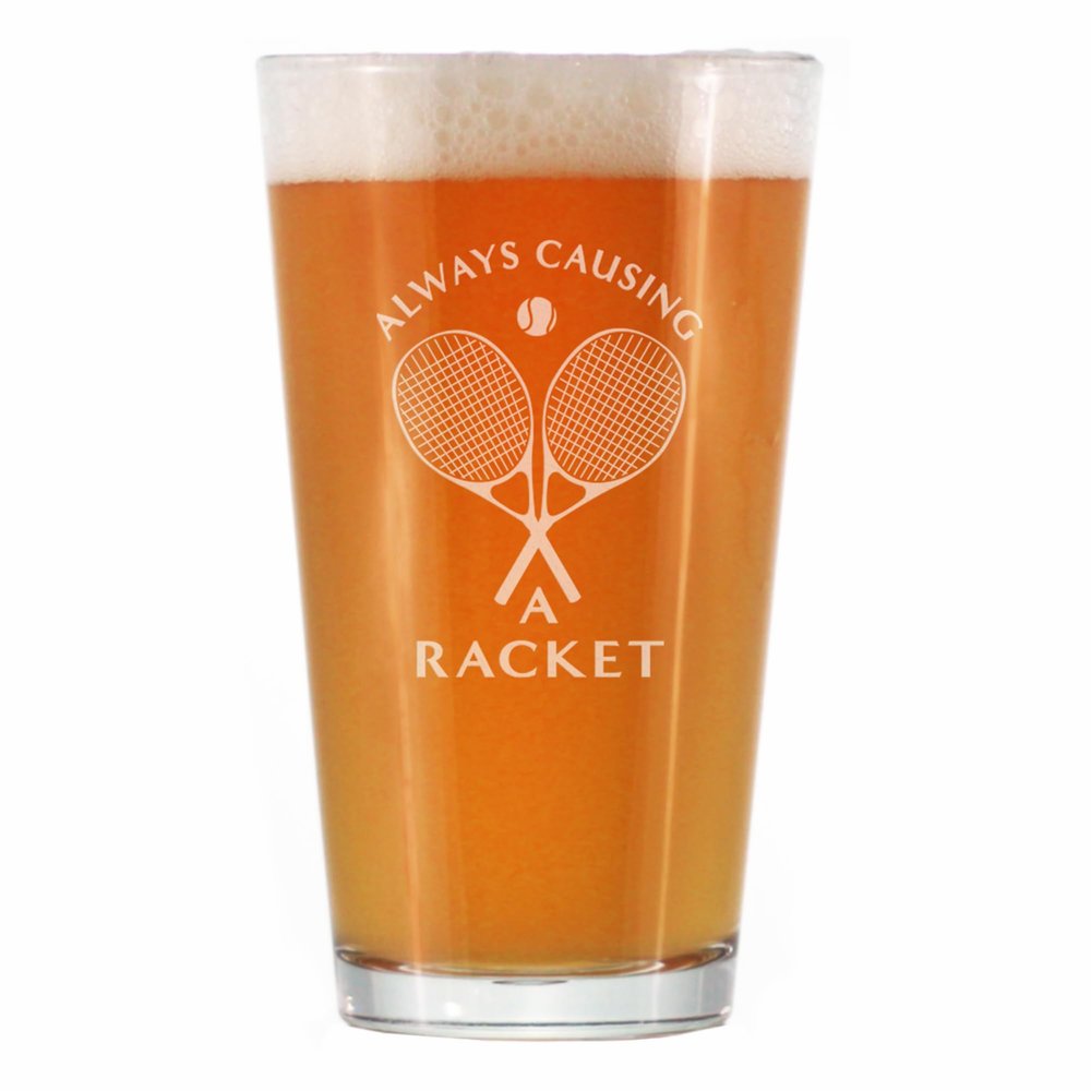Bevvee Causing A Racket - Pint Glass for Beer - Funny Tennis Themed Decor and Gifts - 16 Oz Glasses