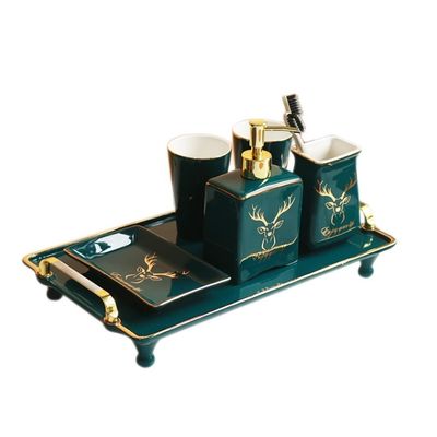 NOBRIM Bathroom Accessory Bathroom Accessories Sets 6-Piece Elk Deer Pattern Bathroom Wash Set Soap Dispenser Toothbrush Holder Soap Dish Tumbler and Tray Bathroom Wash Set