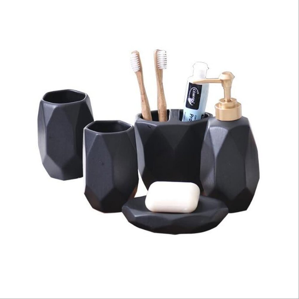 NOBRIM Bathroom Accessory 5-Piece Bathroom Accessories Set Ceramic Diamond Pattern Bathroom Set Soap Dispenser/Toothbrush Holder/Tumbler/Soap Dish Bathroom Wash Set Bathroom Wash Set