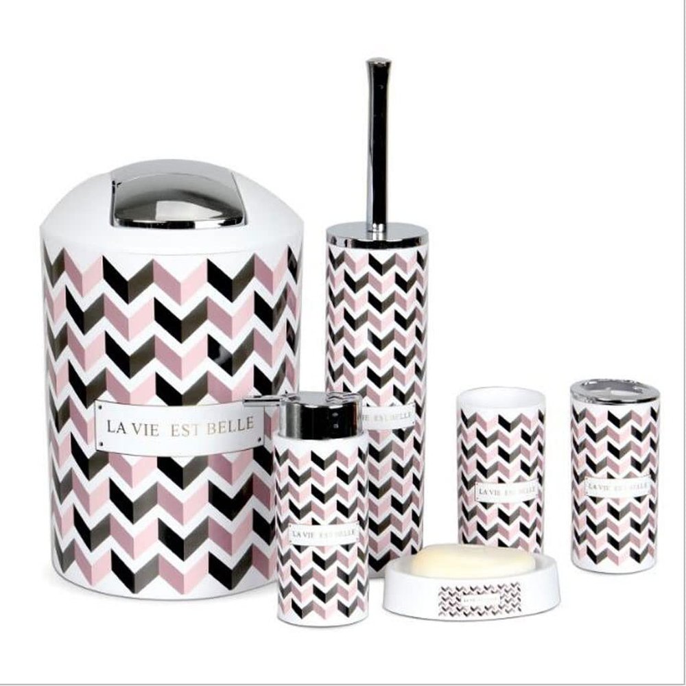 NOBRIM Bathroom Accessory Plastic Wash Sets 6-Pieces Bathroom Accessories Set and Toothbrush Holder,Toothbrush Cup,Soap Dispenser,Toilet Brush Holder,Trash Can Bathroom Wash Set