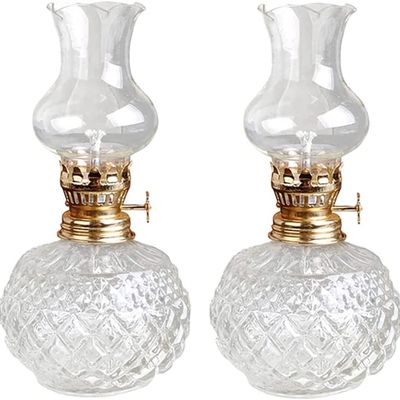 Oil Lamp Lantern Glass Chamber Oil Lamp for Indoor Emergency Use Vintage Clear Kerosene Lamp Classical Round Base Small Paraffin Lamp w/Adjustable Fire Wick Tabletop Decor Lighting Tabletop Decor
