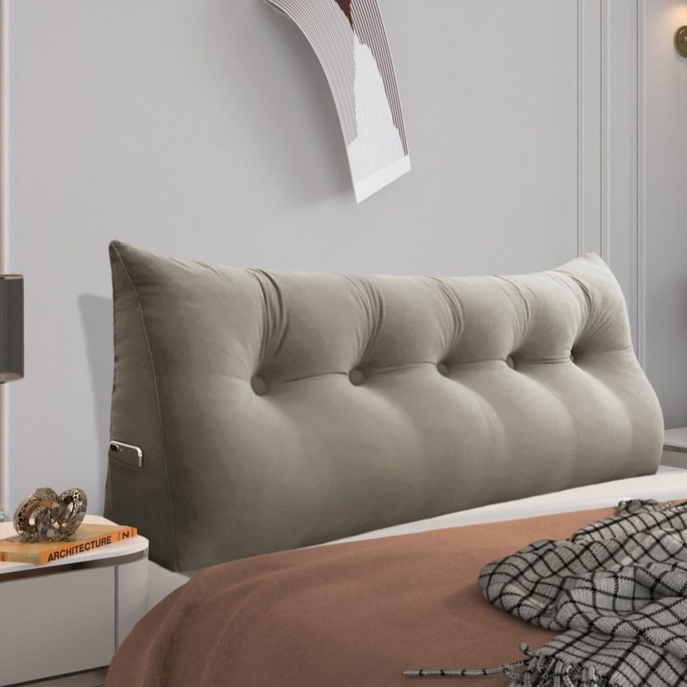 BNCKTRD Headboard Pillow - 3 in 1 Large Bed Pillow as Wedge Reading Pillow, Large Couch Daybed Pillow or Positioning Support Backrest Back Cushion for Sitting in Bed Velvet Queen Beige-Gray