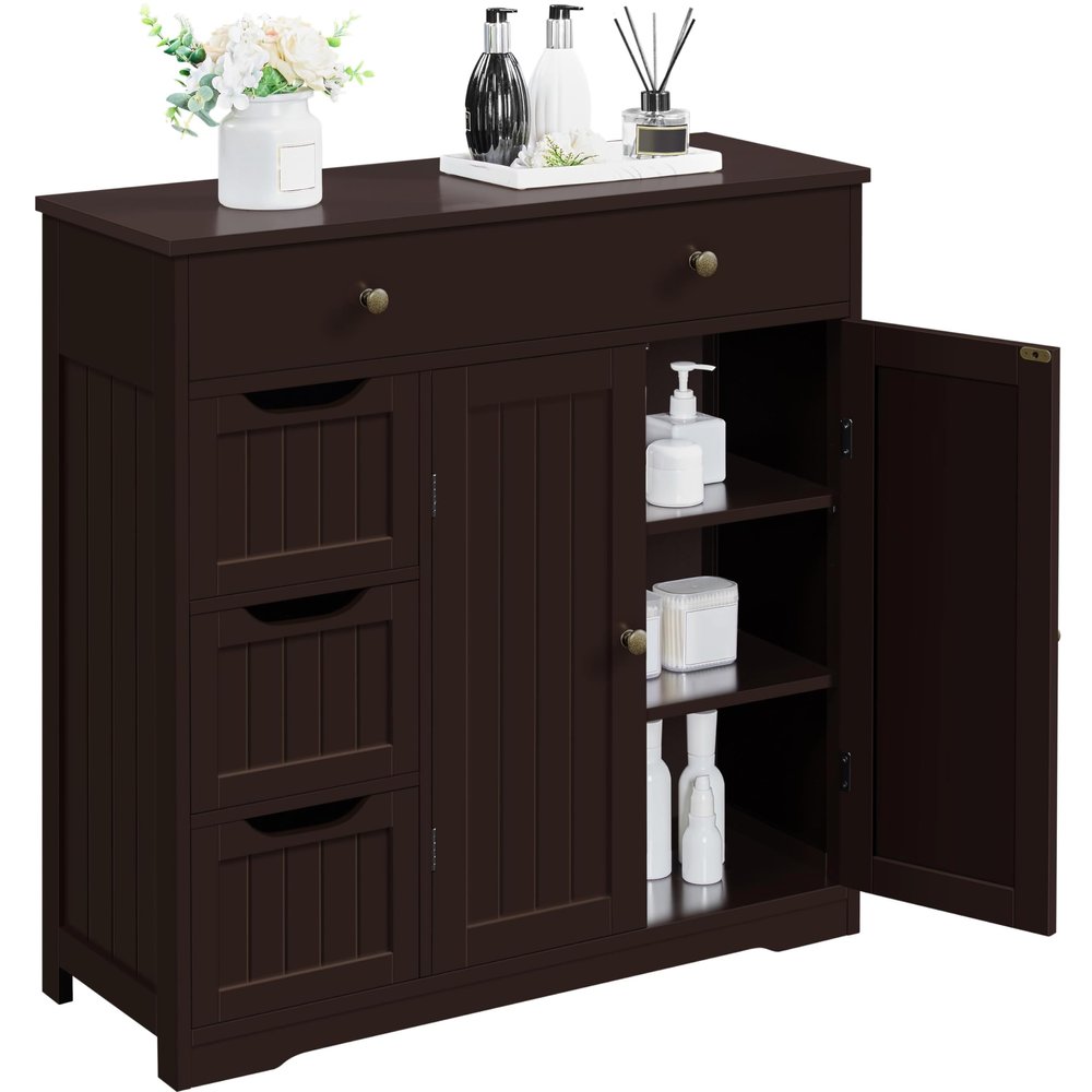 Topeakmart Bathroom Free-Standing Floor Cabinet, Practical Large Storage Cabinet with 4 Drawers and 2 Doors for Kitchen, Entrance Area, Living Room, Adjustable Shelf, Ample Space Espresso