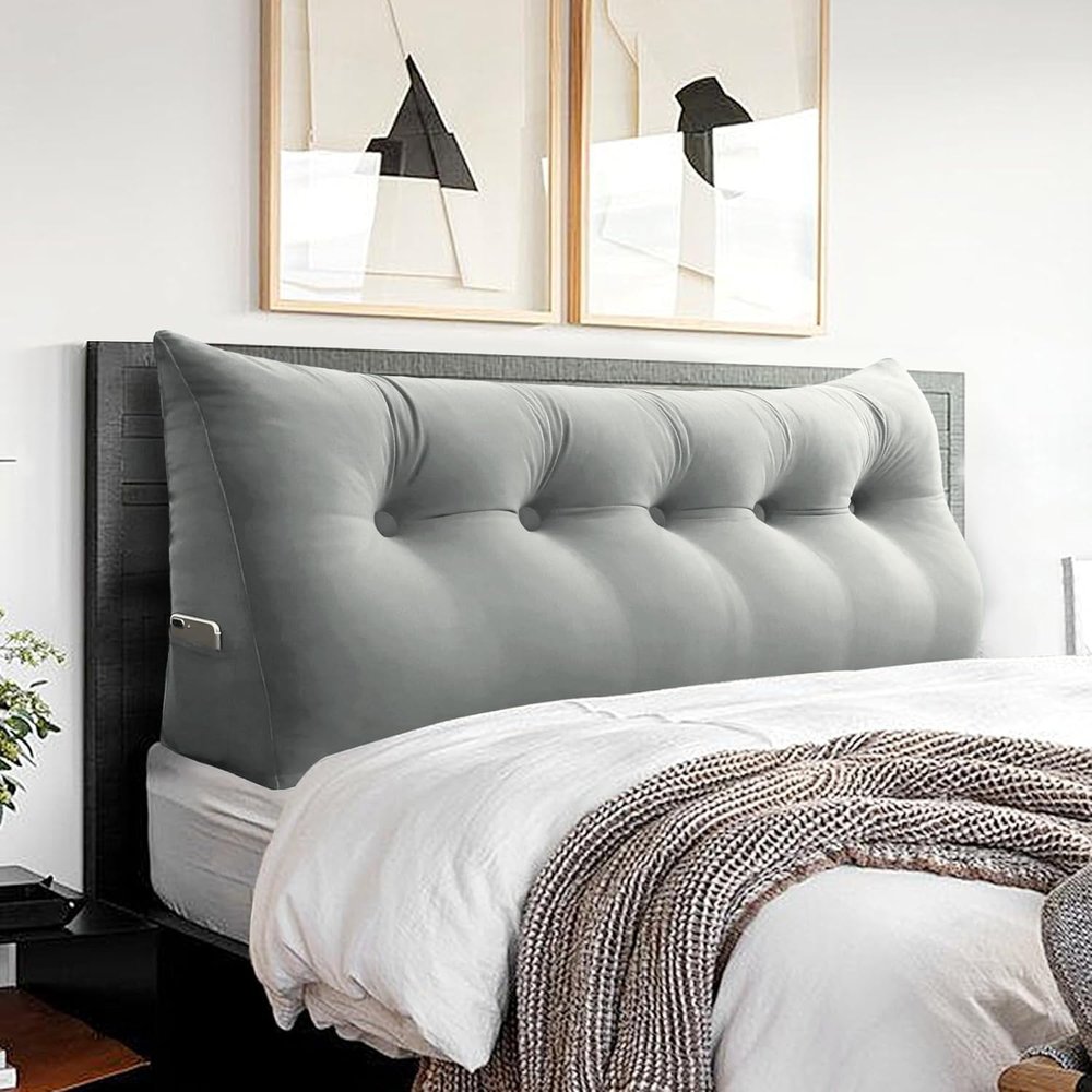 BNCKTRD Headboard Wedge Pillow Large Bolster Triangle Reading Pillow Queen Size Bed Rest Back Support Pillow for Sitting up in Bed Daybed Couch Backrest Cushion Velvet Gray