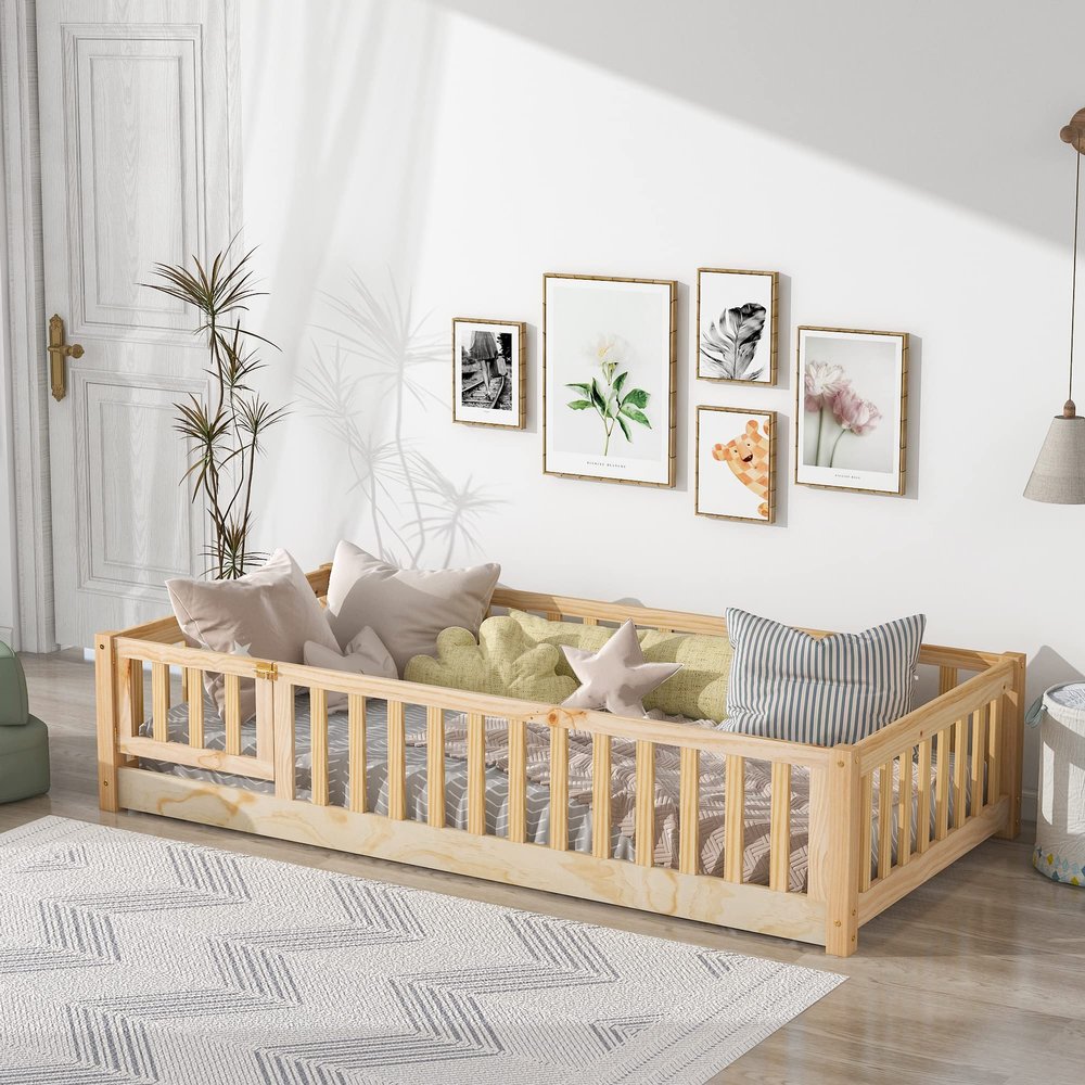 NCKMYB Twin Size Toddlers Montessori Bed with Fence, Wooden Floor Bed Playpen Bed with Doors, Kids Play with Guardrails for Boys Girls (Natural)