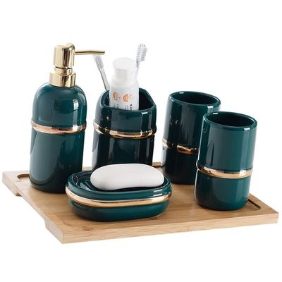NOBRIM Bathroom Accessory Bathroom Accessories Set 6 Pcs Ceramic Bathroom Amenities Toothbrush Holder,Toothbrush Cup,Soap Dispenser,Soap Dish,Wood Tray Sets Bathroom Wash Set