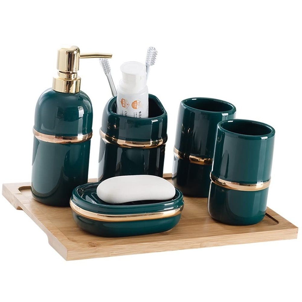 NOBRIM Bathroom Accessory Bathroom Accessories Set 6 Pcs Ceramic Bathroom Amenities Toothbrush Holder,Toothbrush Cup,Soap Dispenser,Soap Dish,Wood Tray Sets Bathroom Wash Set