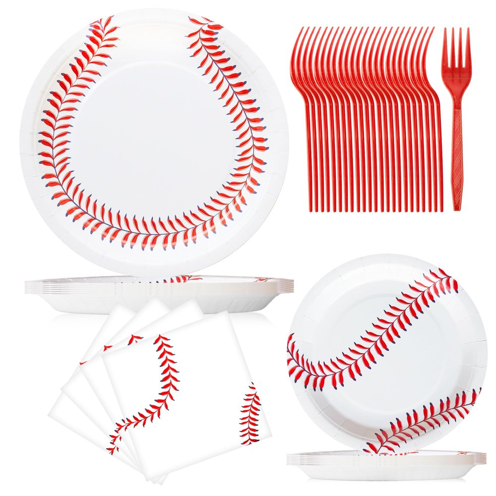 Baseball Party Favors Party Decorations, 96pcs Baseball Party Plates and Napkins Forks Baseball Themed Party Birthday Decorations Supplies For Boys Baby Shower Serves 24