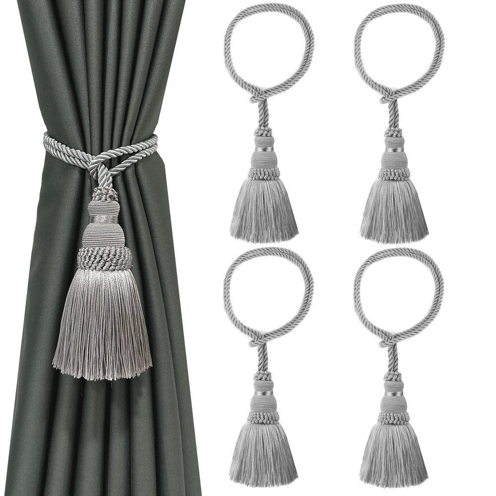 Fenghuangwu 4 Pack Curtain Tie Backs Rope Tassels for Curtains Drape tiebacks Handmade Outdoor Home and Outdoor Decorative (Silver, 4p)