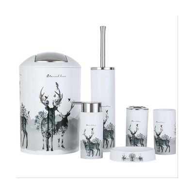 NOBRIM Bathroom Accessory Bathroom Accessories Set 6-Pieces Plastic Elk Wash Set Toothbrush Holder,Cup,Soap Dispenser,Soap Dish,Toilet Brush Holder,Trash Can Bathroom Wash Set