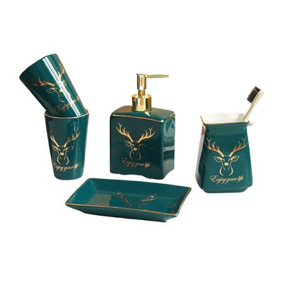 NOBRIM Bathroom Accessory Bathroom Accessories Sets 6-Piece Elk Deer Pattern Bathroom Wash Set Soap Dispenser Toothbrush Holder Soap Dish Tumbler and Tray Bathroom Wash Set