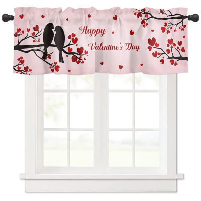 Anzona Curtain Valance 54" x 18", Valentine's Day Window Valances Rod Pocket Curtains Drapes, Bird Red Love Heart Tree Pink Short Topper Curtain for Kitchen Cafe Living Room, 1 Panel