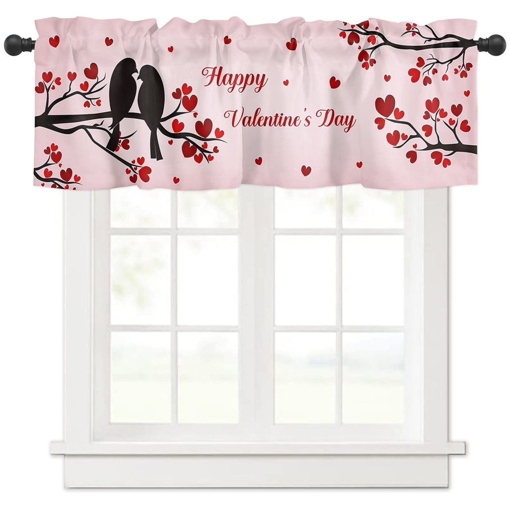 Anzona Curtain Valance 54" x 18", Valentine's Day Window Valances Rod Pocket Curtains Drapes, Bird Red Love Heart Tree Pink Short Topper Curtain for Kitchen Cafe Living Room, 1 Panel