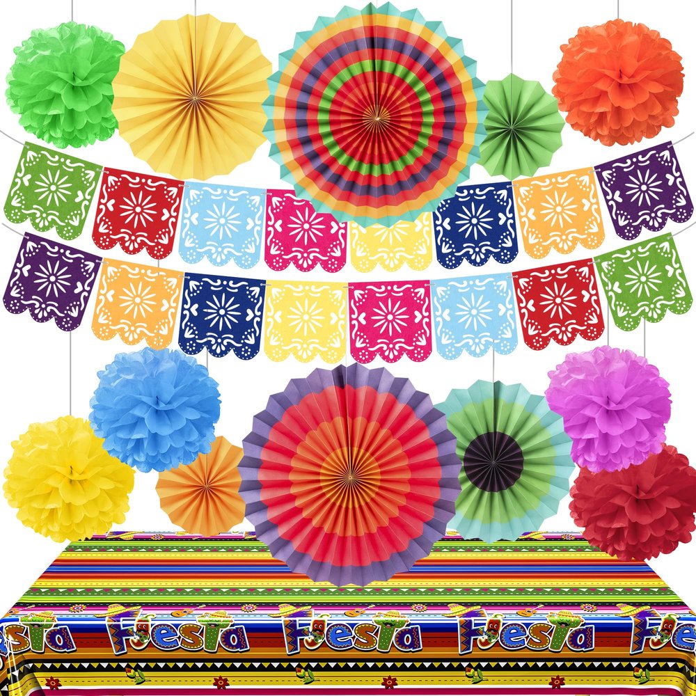 29 PCS Cinco De Mayo Decorations, Cinco De Mayo Tablecloth Fiesta Banner Paper Fans Paper Poms Mexican Birthday Cinco De Mayo Party Decorations for Wall Hanging Home Decor Fiesta Party Supplies