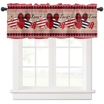 Anzona Curtain Valance 54" x 18", Valentine's Day Window Valances Rod Pocket Curtains Drapes, Love Heart Red Black Plaid Retro Wood Grain Short Topper Curtain for Kitchen Cafe Living Room, 1 Panel