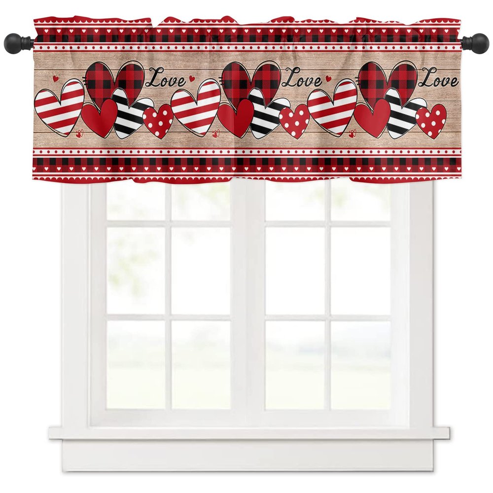 Anzona Curtain Valance 54" x 18", Valentine's Day Window Valances Rod Pocket Curtains Drapes, Love Heart Red Black Plaid Retro Wood Grain Short Topper Curtain for Kitchen Cafe Living Room, 1 Panel