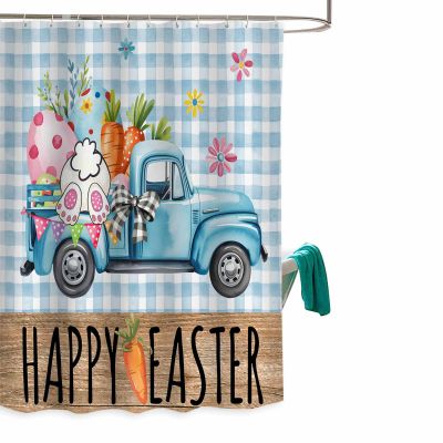 Happy Easter Polyester Shower Curtain 60x72 inches, Waterproof Shower Curtains with Plastic Hooks, Washable Bathroom Shower Curtain for Hotel Spa Bath Tub Truck Rabbit Butt Easter Egg Blue Plaid