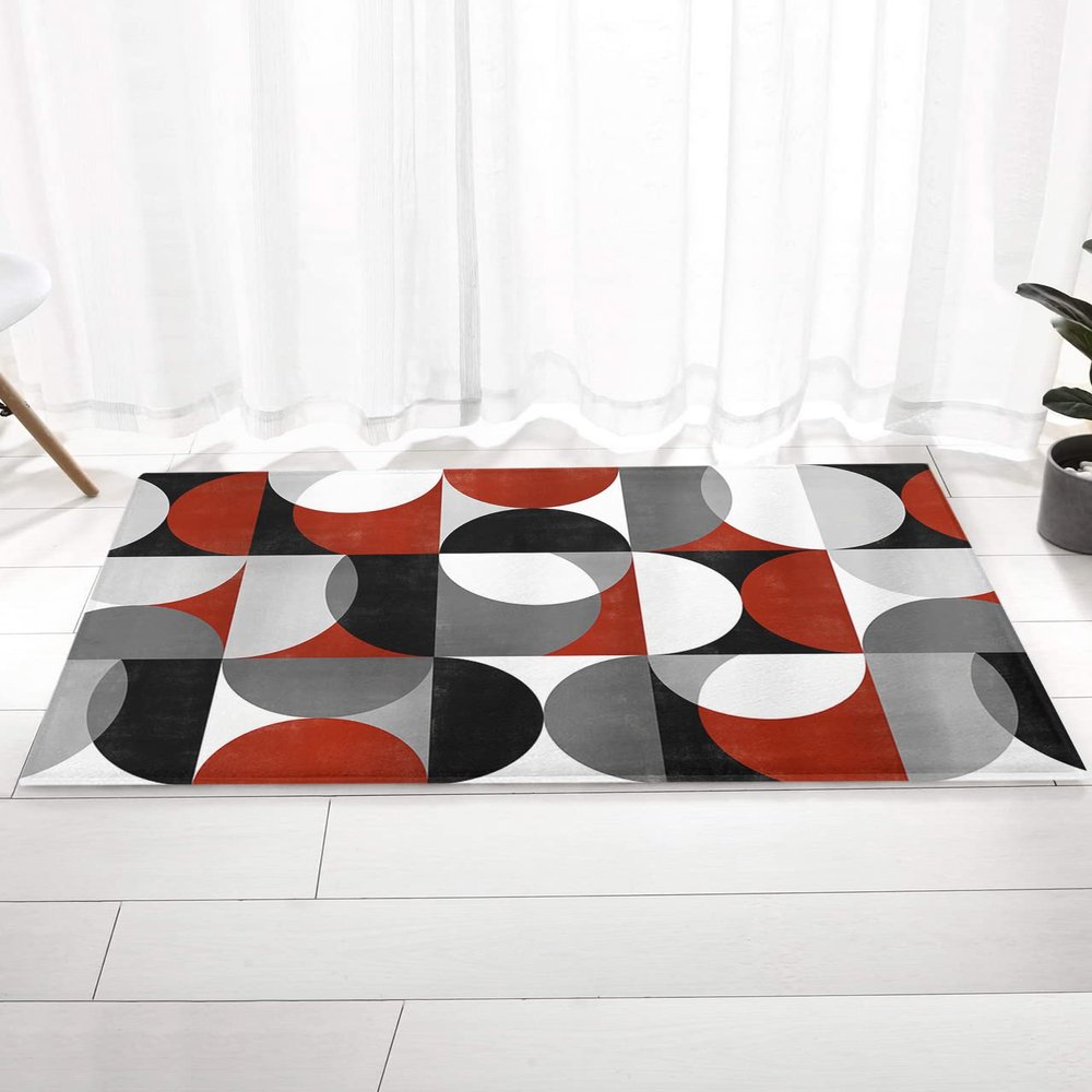 Red Grey Bathroom Runner Rug Bathmat Soft Bath Shower Bathtub Kitchen Door Mat, Washable Floor Doormat Area Carpet for Bedroom Laundry Room Hallway, Abstract Retro Middle Century Geometric Art 16"x24"