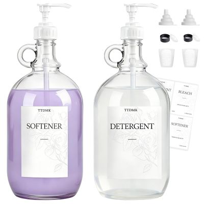 2 Pcs Glass Liquid Laundry Detergent Dispenser, Half Gallon Laundry Soap Dispenser for Laundry Room (64 oz. Each), Laundry Detergent Bottles with Pump Dispenser -Includes Labels, Funnel, Measuring Cup