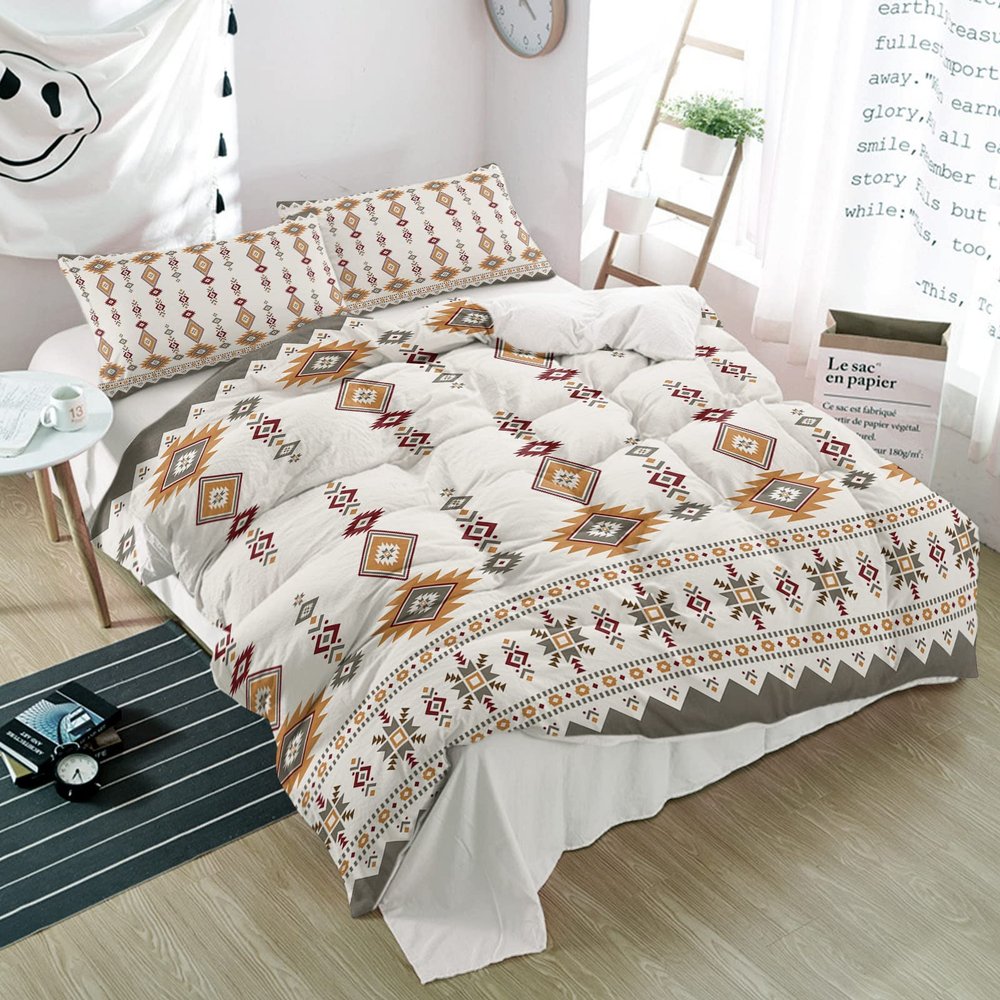 3 Pieces Duvet Cover Queen Bedding Sets Mid Century Boho Prismatic Ethnic Totem Luxury Soft Comforter Cover with Pillowcases Retro Geometric Aztec Symbol Microfiber Quilt Covers Set for Bedroom Decor
