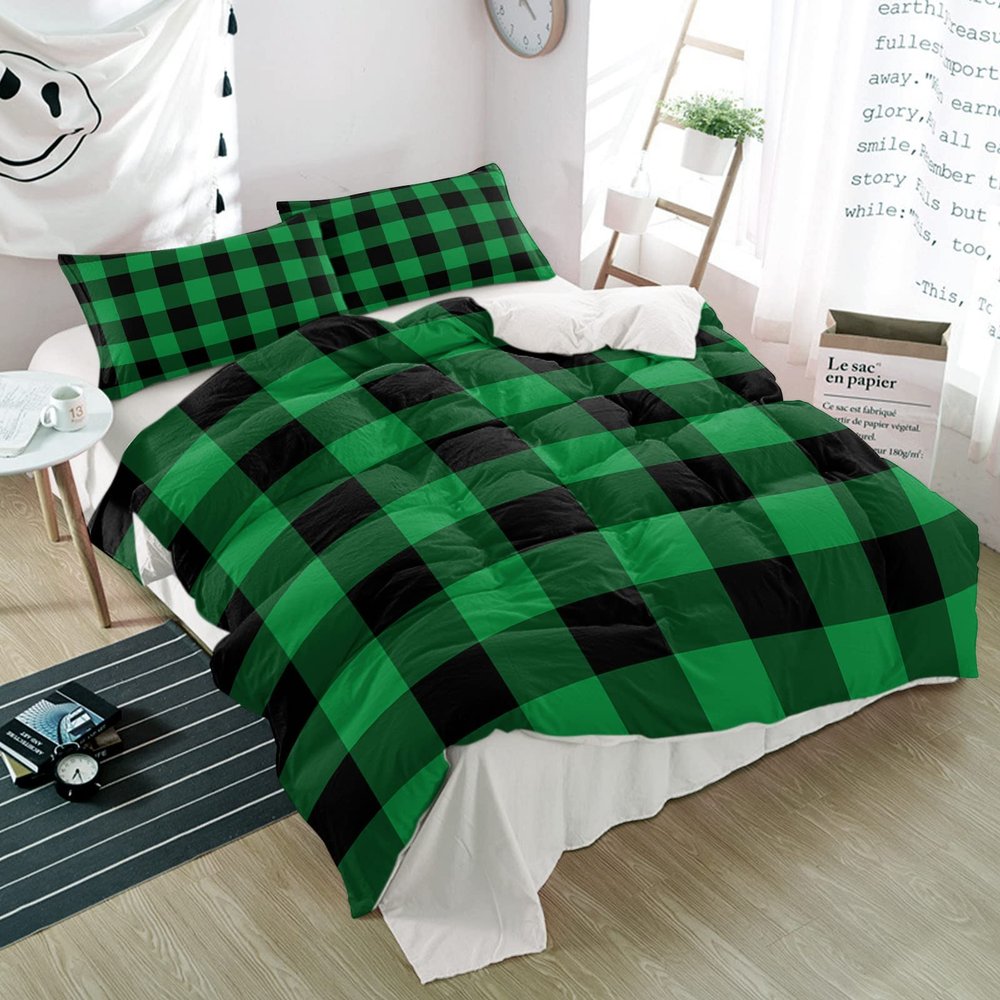 3 Pieces Duvet Cover Queen Bedding Sets Spring Green Black Plaid Geometric St. Patrick's Day Luxury Soft Comforter Cover with Pillowcases Farmhouse Style Microfiber Quilt Covers Set for Bedroom Decor