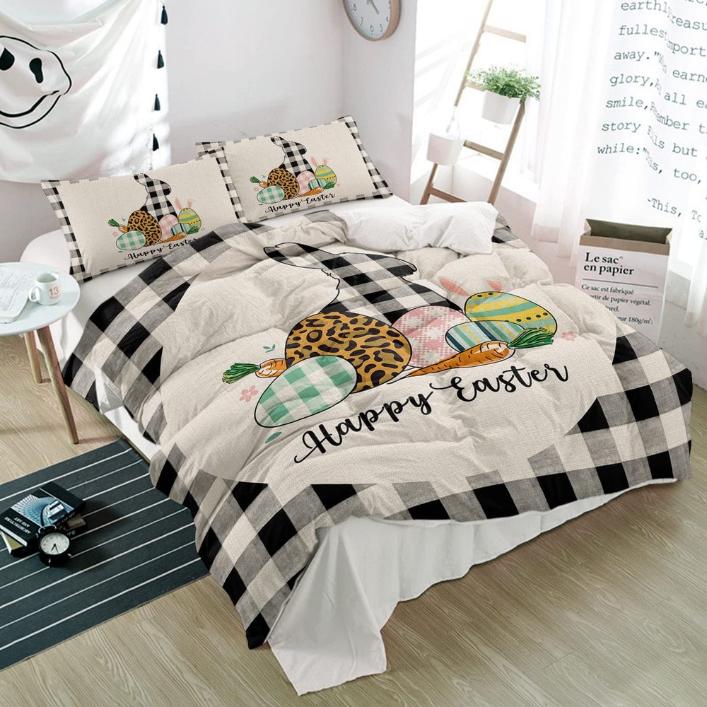 3 Pieces Duvet Cover Cal King Bedding Sets Easter Bunny Egg Leopard Black Checker Luxury Soft Comforter Cover with Pillowcases Spring Rabbit Carrot Microfiber Quilt Covers Set for Bedroom Decor