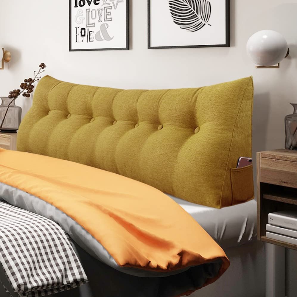 BNCKTRD Headboard Pillow Wedge King Size Large Bolster Pillow for Bed Triangle Reading Pillow Back Support Pillow for Sitting Up in Bed XXL Couch Daybed Backrest Cushion Linen Yellow
