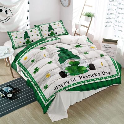 3 Pieces Duvet Cover Queen Bedding Sets St. Patrick's Day Gnome Clover Leaves Gingham Luxury Soft Comforter Cover with Pillowcases Retro Wood Board Microfiber Quilt Covers Set for Bedroom Decor