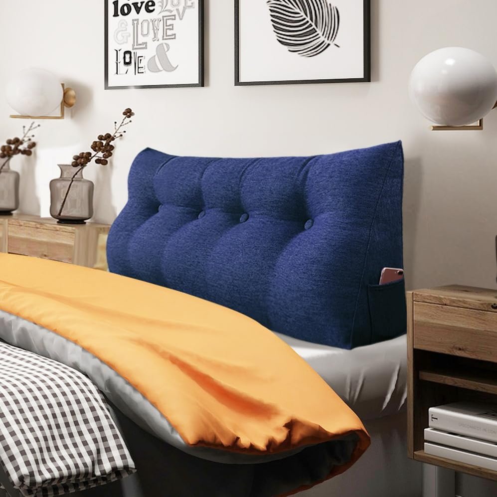 BNCKTRD Headboard Pillow Wedge Full Size Large Bolster Pillow for Bed Triangle Reading Pillow Back Support Pillow for Sitting Up in Bed XXL Couch Daybed Rest Backrest Cushion Linen Blue